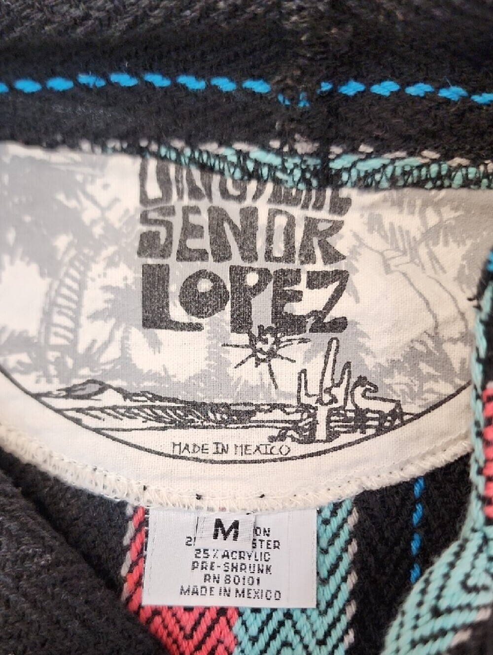 Senor Lopez Baja Hoodie Mexican Blanket Striped Pullover Size Medium - Picture 6 of 10